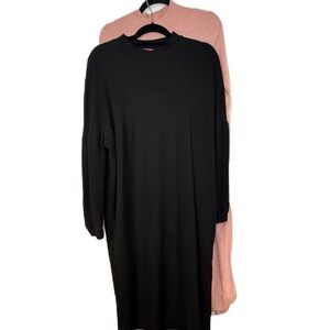 Chic Black Ribbed Statement Sleeve & Pink Sparkle Long Sleeve Dress Midi Bundle